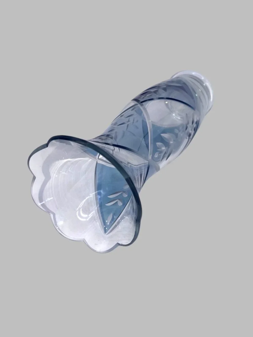 Vintage Bohemian Czech Blue Cut to Clear Art Glass Vase Scalloped 9